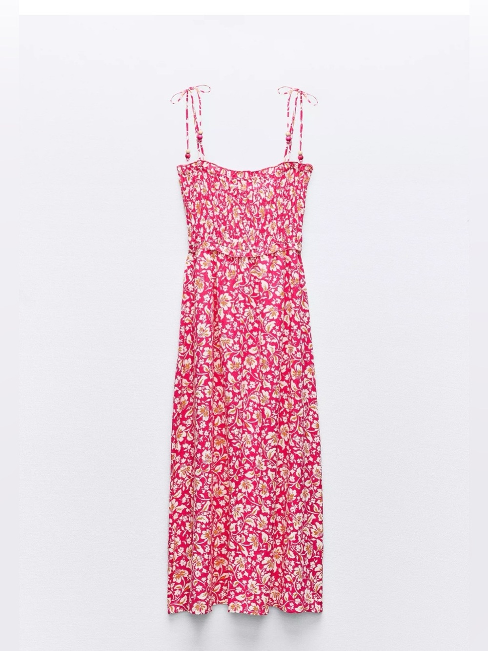 ZARA Pink Floral Spaghetti-Strap Midi Dress with Elasticated Bodice – Size Small